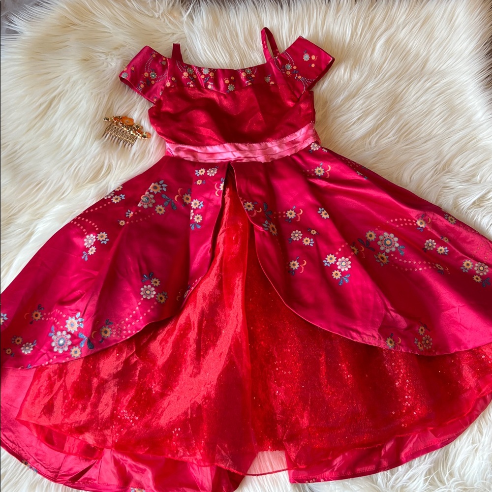 Disney Princess Elena puffy Floral Red Dress with hair accessories size:XS (6-7)